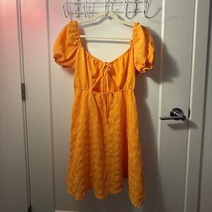 Divided Orange Puff Sleeve Dress